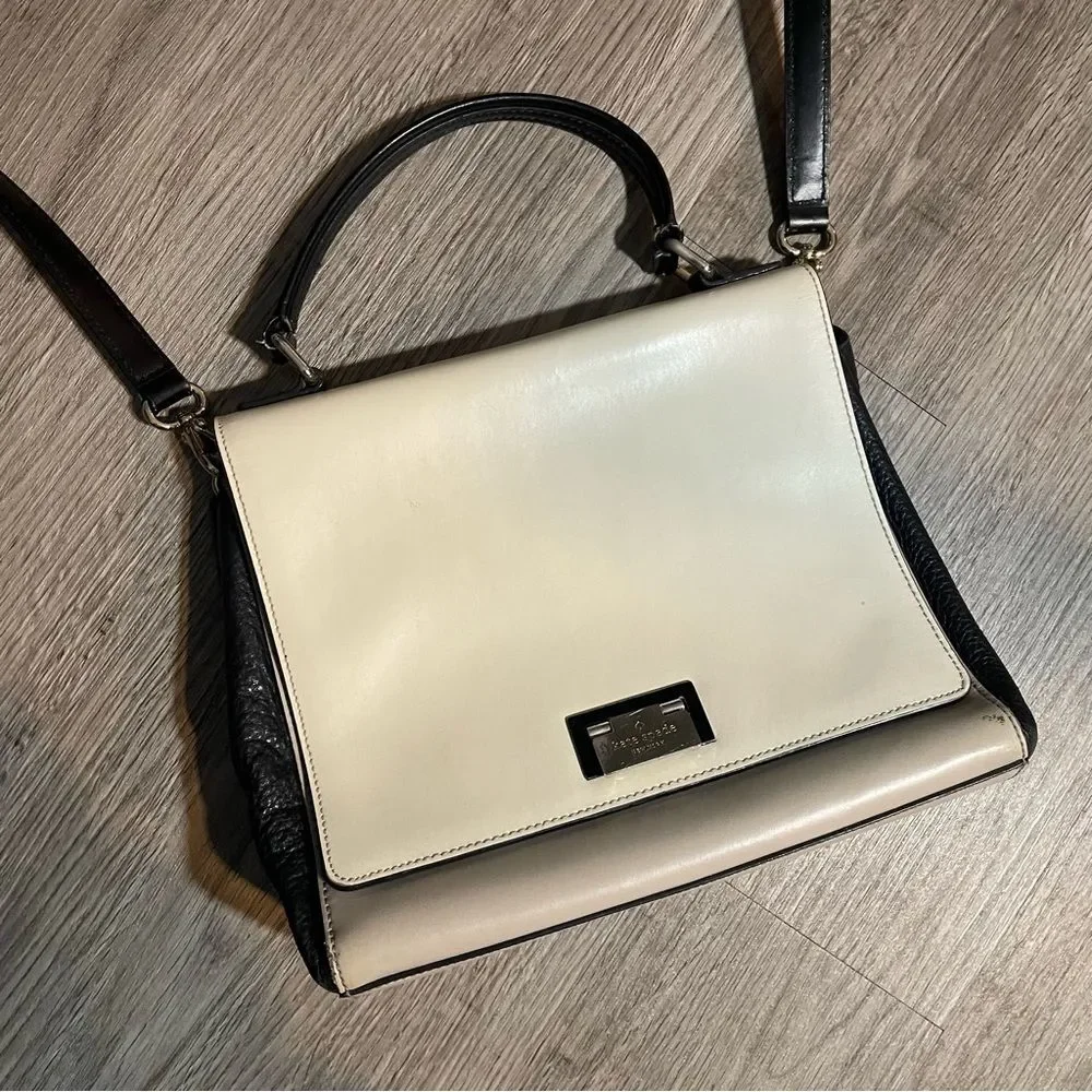 KATE SPADE Magnolia Park Large Laurel Satchel Black Tan Color Block Crossbody